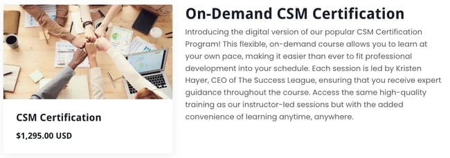 banner displaying on-demand csm certification course for $1,295, customer service training program
